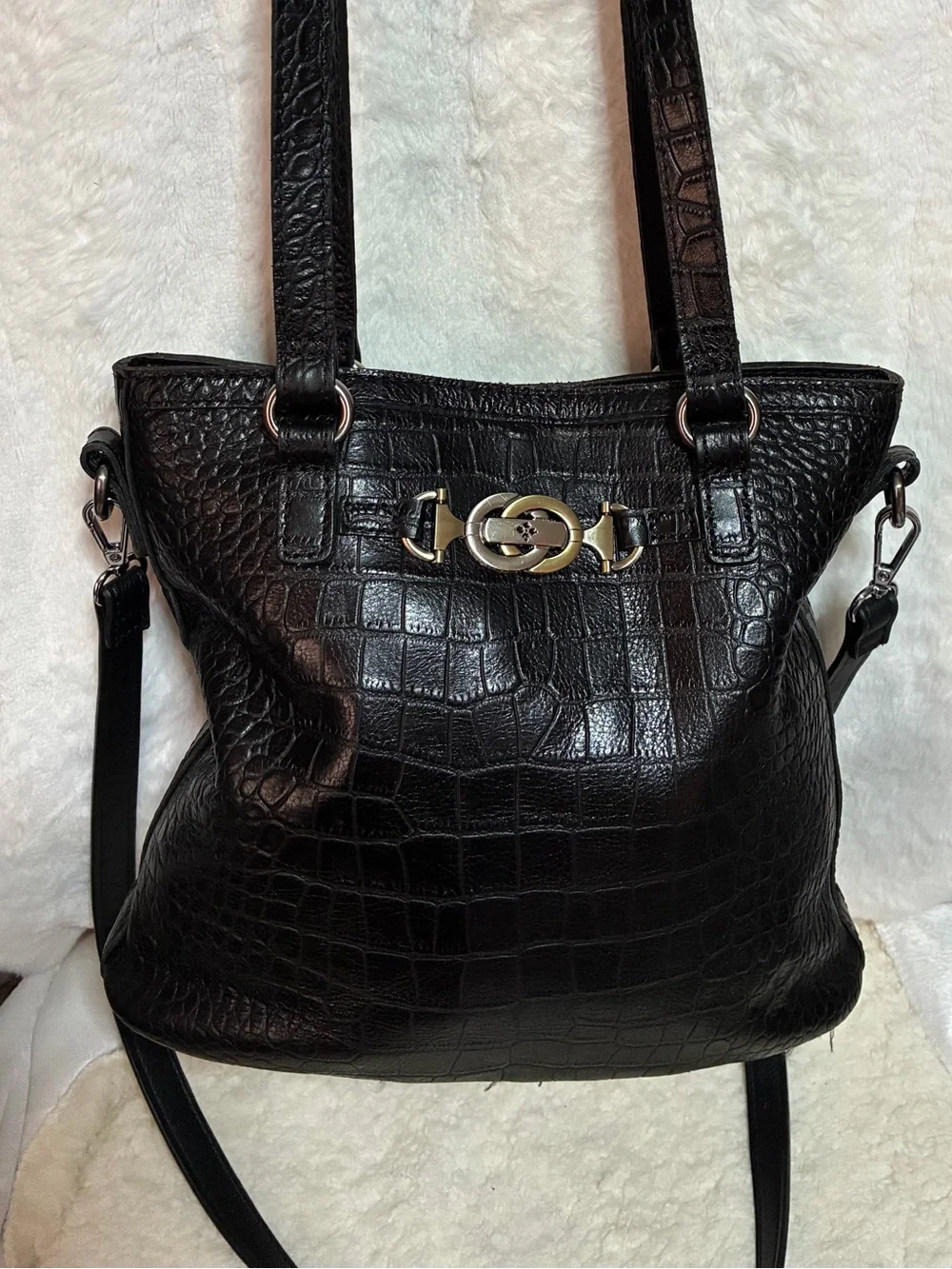 Patricia Nash Black Croc-Embossed Shoulder Bag with Gold Hardware